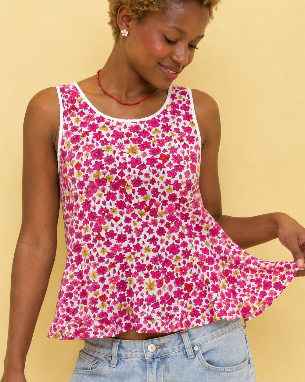 Kate Spade Pink Floral Peplum Tank Top Medium Modal Stretch Coquette